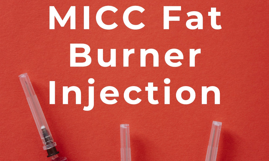 Text 'MICC Fat Burner Injection' with syringes on a red background